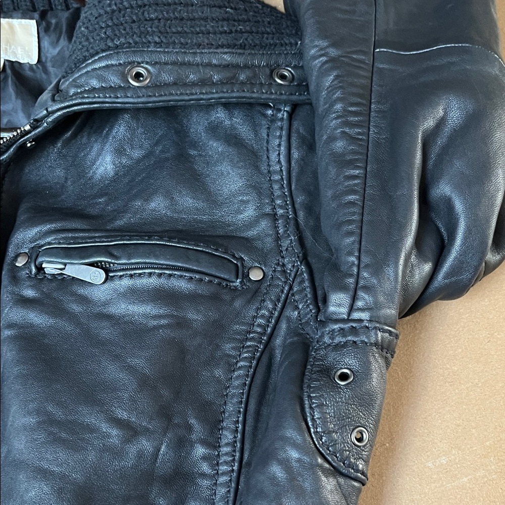 MICHAEL Michael Kors Black Leather Bomber Jacket Ribbed Knit Trim Size M - Picture 3 of 9
